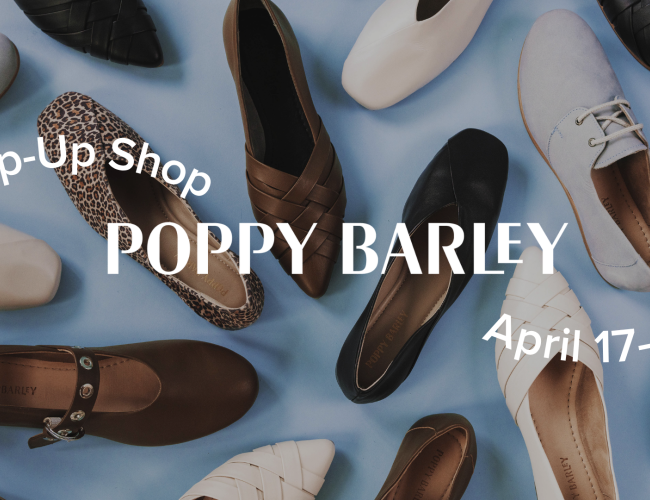 A blue background with an assortment of different Poppy Barley flat styles in leopard, light blue, off-white, and dark olive colours overtop.  A white Poppy Barley logo is centered and surrounded by curved text that reads "Pop-Up Shop April 17–19" 
