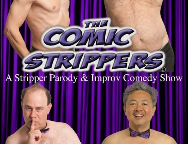 Image of four men in front of purple curtain wearing matching purple bowties and black pants but no shirts. Each persons expression is different. 