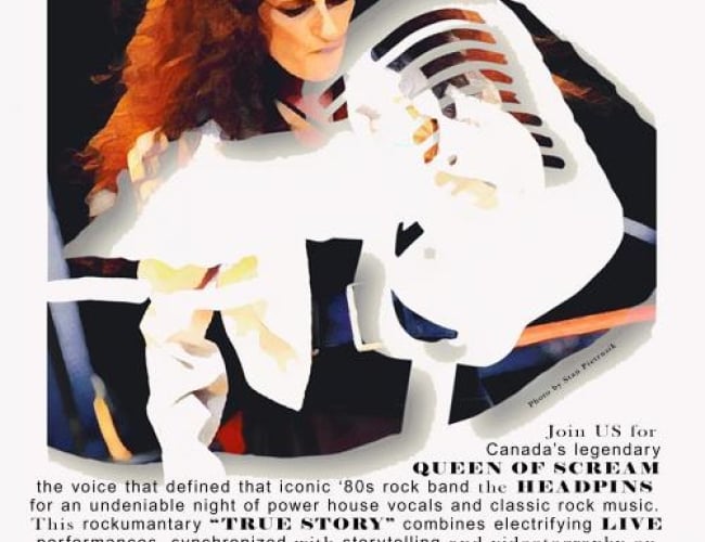 Image of Darby Mills in a painting style with a cut out of a old school mic in the painting.