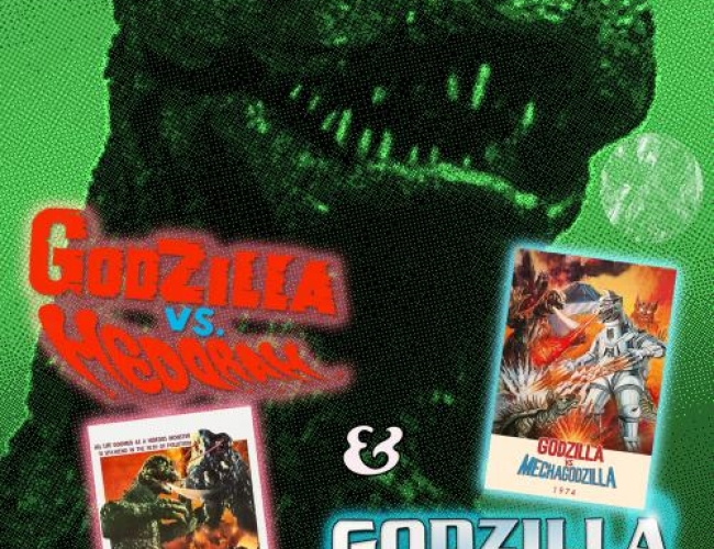 Image of godzilla from the 1970s with postes of Godzilla VS Hedorah and Godzilla VS Mechagodzilla.