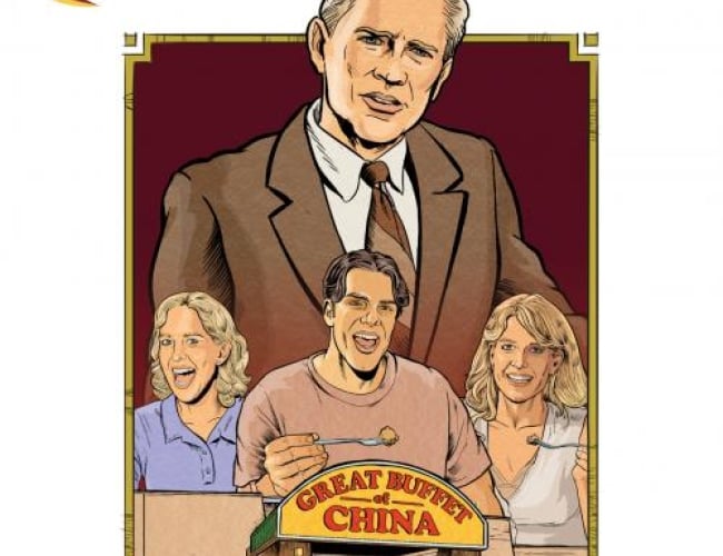 Comic book style image of the people from the How Chee commerical with the Great Buffet of China highlighted.