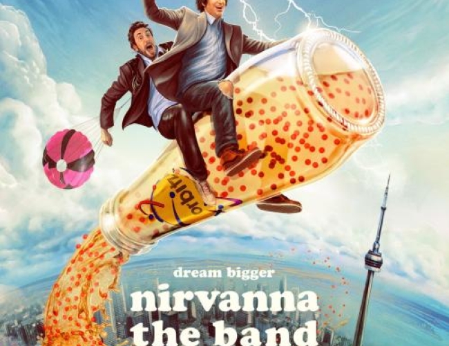 Image of two men riding on a exploding pop bottle with a parachute attached, over Toronto as there's the CN Tower and water. 