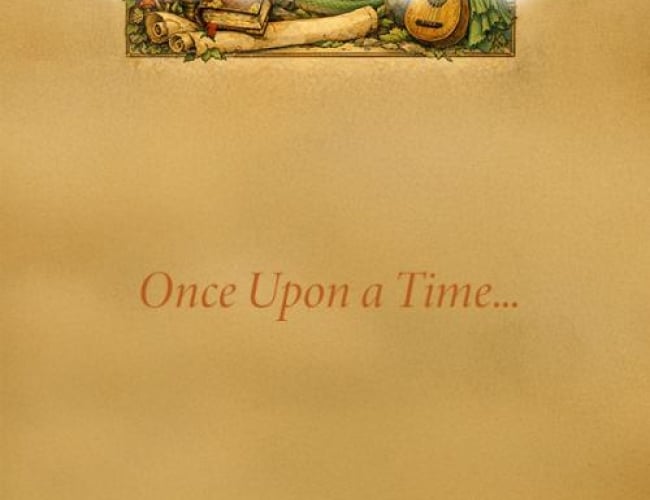 Image of a dragon with a bard and scrolls of paper, saying once upon a time.