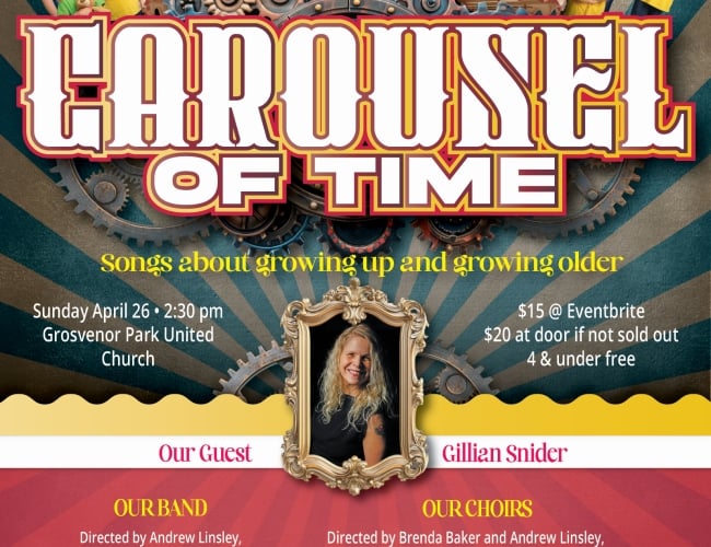 A colourful poster featuring Kids of Note & The Notations for their Carousel of Time Spring Concert