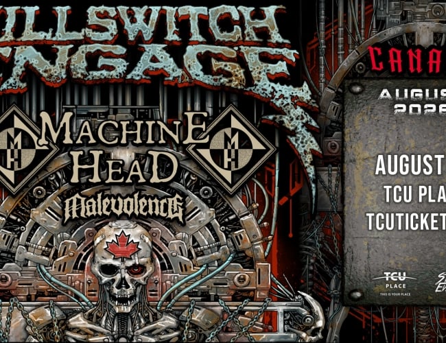 An image of a skeleton with a maple leaf carved into the forehead, announcing the tour for Killswitch Engage, Machine Head, and Malevolence at TCU Place on August 14.
