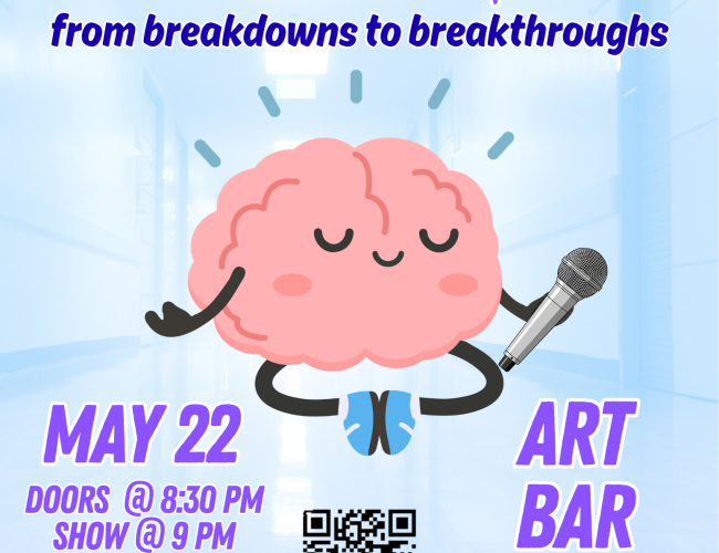 Poster of a smiling and jumping cartoon brain and information on show.