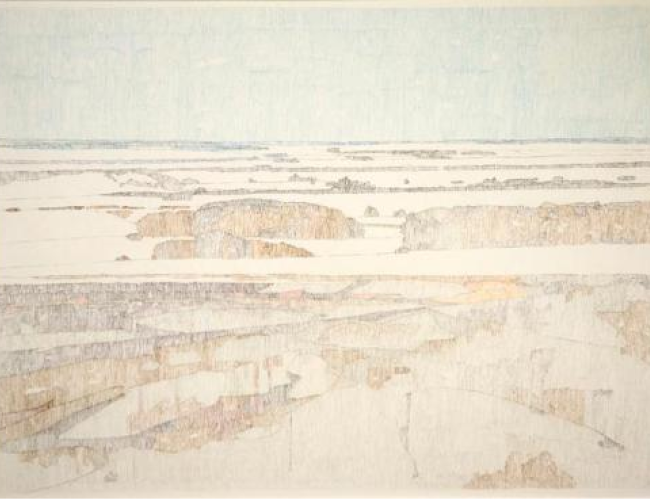 Melting Fields on the Bergheim Road, 1982. Pastel on paper. 43.7 x 55 cm. The Mendel Art Gallery Collection at Remai Modern. Purchased 1982. © Clint Hunker. Copyright Visual Arts–CARCC, 2021.