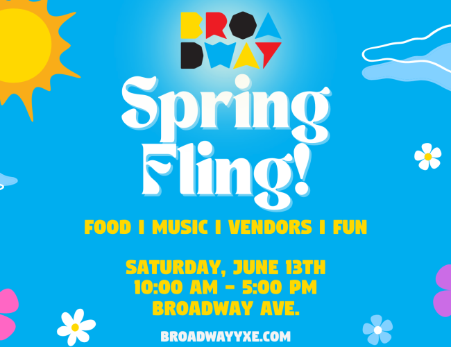 Event poster featuring flowers, a sun, clouds and reading Broadway Spring Fling! Food, Music, Vendors, Fun. Saturday June 12 10:00 AM - 5:00 PM Broadway Ave