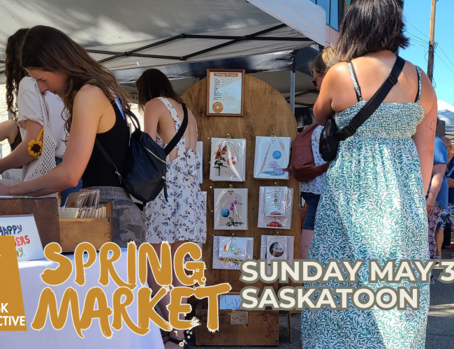 outdoor market scene with women in sundresses and a booth with art prints