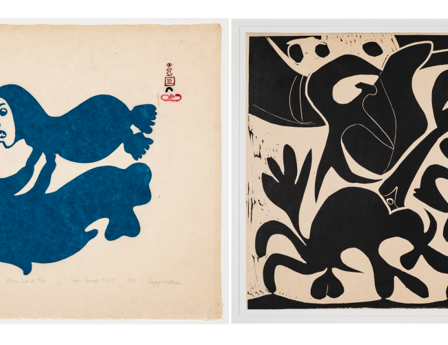 Images: Egevadluq Ragee, Water Baby and Sea Dog, 1961, stonecut, 37 x 46 cm. The Mendel Art Gallery Collection at Remai Modern. Gift of Jacqui and Morris Shumiatcher 1995. Photo: Carey Shaw. Image reproduced with the permission of Dorset Fine Arts. (left), Pablo Picasso, Picador, 1959, linocut, 53 x 64 cm. Collection of Remai Modern. Gift of the Frank and Ellen Remai Foundation 2012. (right). Photo: Carey Shaw. © Succession Picasso / CARCC Ottawa 2026