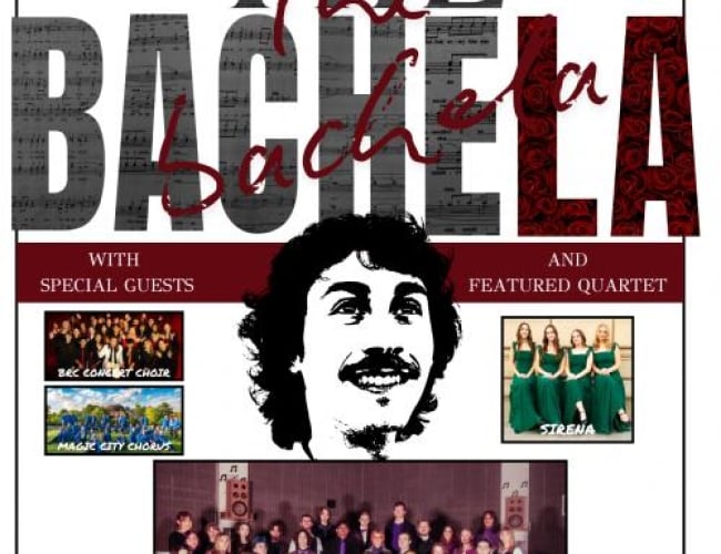 Image of man with moustace in black and white, with 4 other seperate choir groups. 