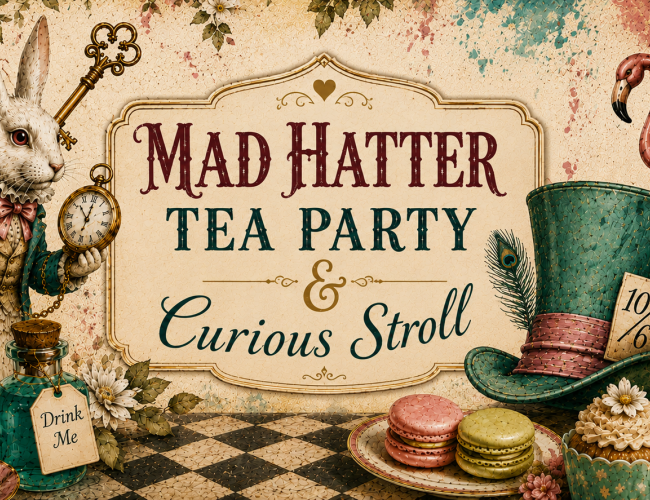 Vintage-inspired banner for EventBeat’s Mad Hatter Tea Party & Curious Stroll. The design features whimsical Alice in Wonderland elements including a white rabbit with a pocket watch, floral teacups, a Mad Hatter hat, flamingo, antique teapot, macarons, roses, and playing cards arranged around an ornate central sign. Warm parchment textures, Victorian-style details, and elegant floral accents create a magical, curious tea party atmosphere.