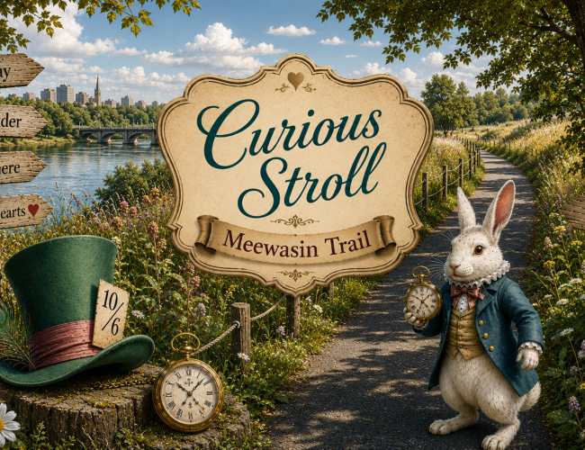 Vintage-inspired banner for EventBeat’s  Curious Stroll. The design features whimsical Alice in Wonderland elements including a white rabbit with a pocket watch, floral teacups, a Mad Hatter hat, roses, and playing cards. Warm parchment textures, Victorian-style details, and elegant floral accents create a curious  atmosphere.