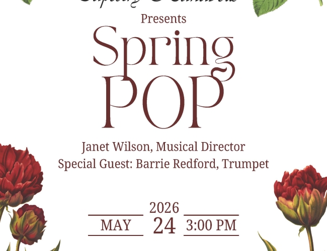 A poster with floral elements reads: Zodiac Tapestry Handbells Presents Spring Pop! with Janet Wilson (Musical Director) and Special Guest Barrie Redford (trumpet), on May 24, 2026 at 3pm. New location! St. Martin's United Church