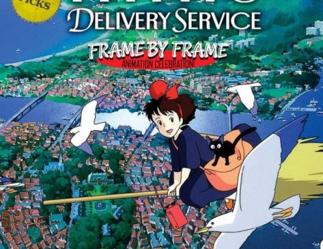 Animated still from the movie Kiki's Delivery Service, with Kiki flying in the sky on a broom stick and seagulls besides her. 
