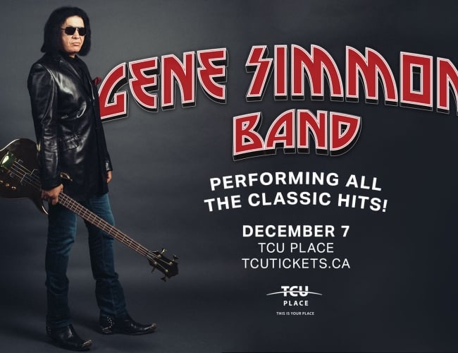 An image of Gene Simmons holding a guitar. Text reads Gene Simmons Band Performing All The Classic Hits! December 7 TCU Place