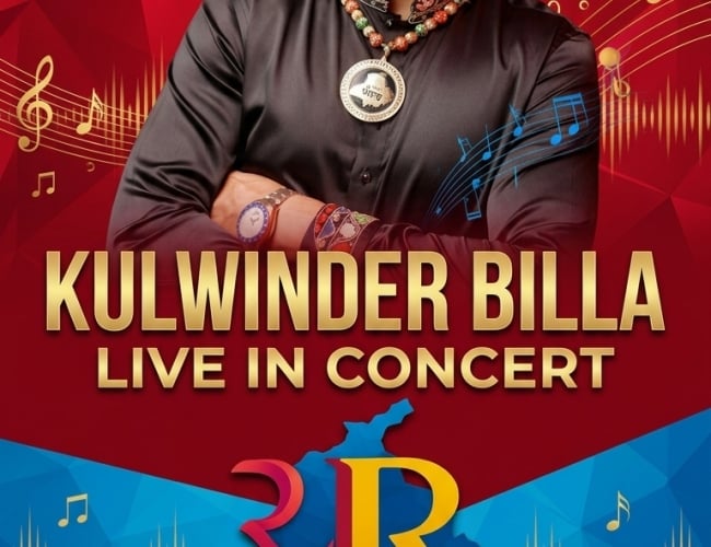 An image of Kulwinder Billa on a geometric red background with gold music notes.