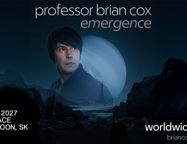 An image of professor Brian Cox on a black background with a blue planet.