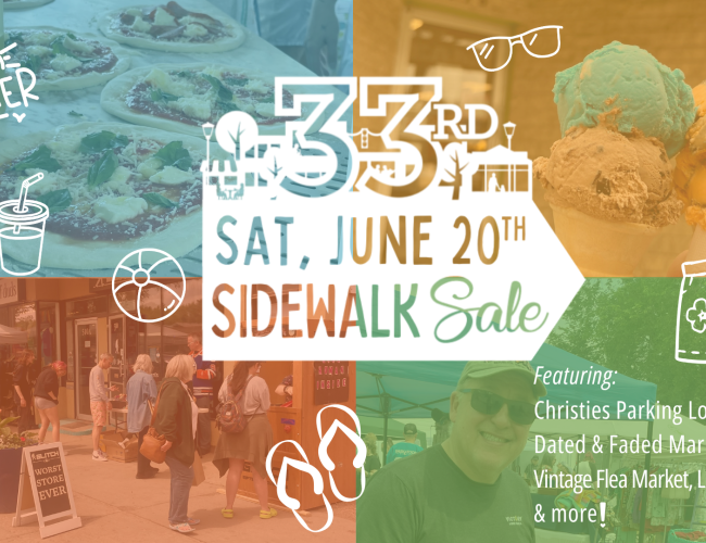 Images of 33rd Street Sidewalk Sale including pizza, ice cream, people visiting outdoor market tents, and a smiling man wearing sunglasses 