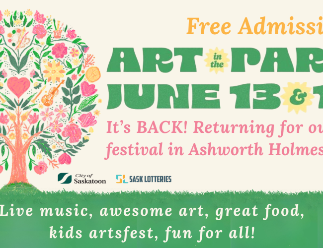 Poster for Art in the Park on June 13 & 14th featuring text and an artistic tree with artwork by Georgia Johnston.