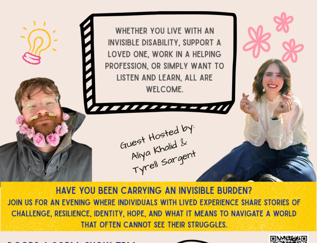 Poster for a Saskatoon Story Jam event titled "The Weight We Silently Carry: Stories of Invisible Disabilities." The poster has a warm beige background with hand-drawn illustrations and playful typography.  At the top, blue text reads "Saskatoon Story Jam Presents," followed by the event title in bold orange and yellow lettering. In the center, a framed message says: "Whether you live with an invisible disability, support a loved one, work in a helping profession, or simply want to listen and learn, all are
