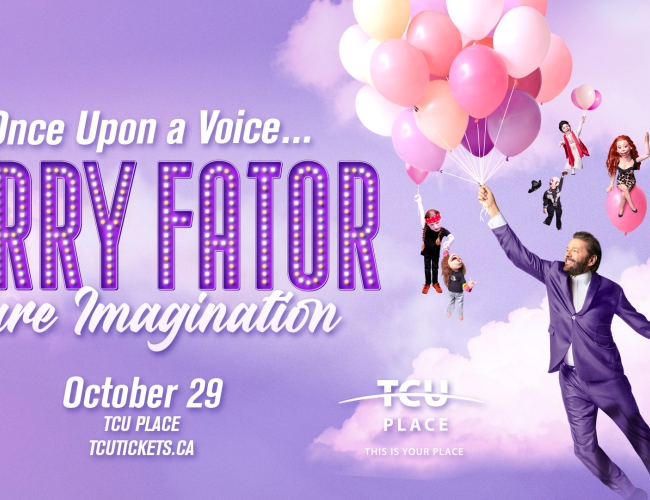 An image of ventriolloquist Terry Fator holding a bouquet of balloons, surrounded by his puppets.