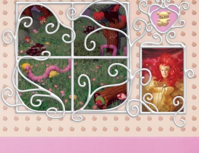 Image of singer Begonia with big red hair, posing with hand on chest, in a swirly picture frame with a 3-d rendered teddy bear above and a garden in a window.