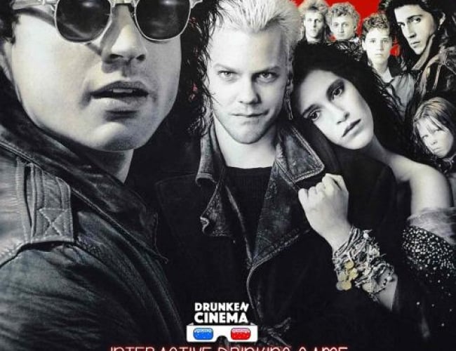 Image of the actors from the movie The Lost Boys in black and white, in contrast to a red background. They are dressed in leather jackets and jewelry.