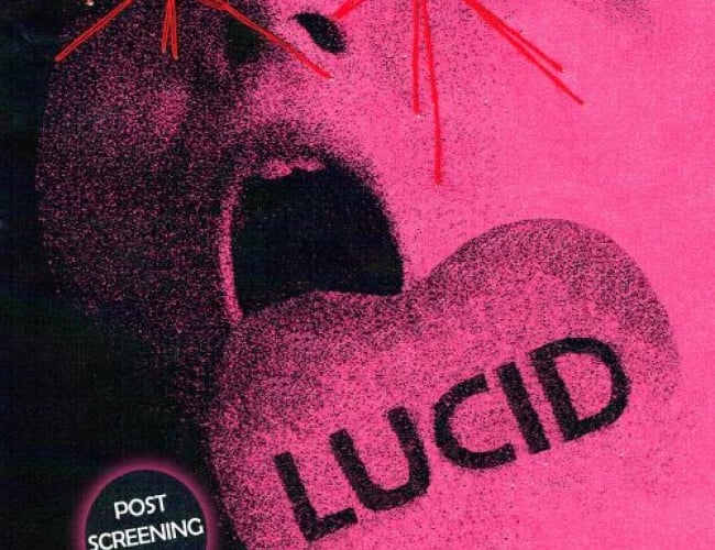 Image of someone screaming with a giant heart by their face with the words LUCID written on it. Entire image is pink and black. 