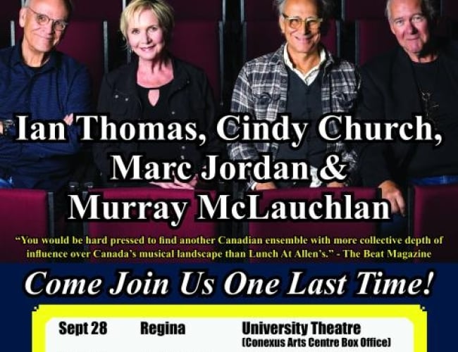 Image of the singers/actors from Lunch at Allens sitting in a theatre and smiling. 