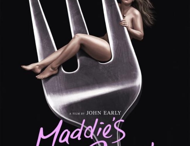 Image of comedian John Early as Maddie - a naked blonde woman hidden behind a giant fork.