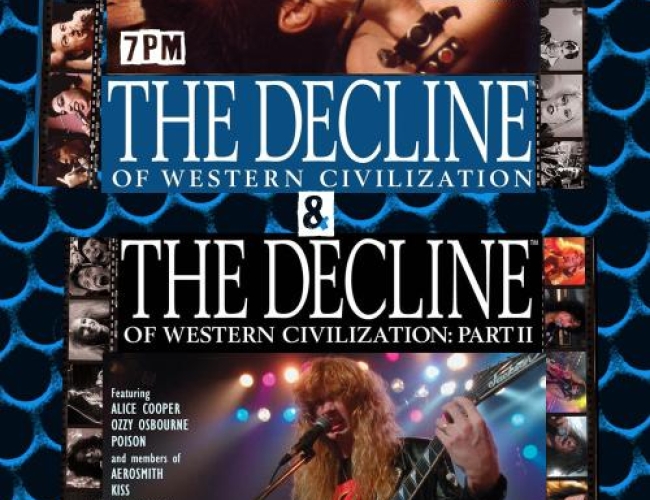 Movie stills from the movies The Decline of Western Civilization Part 1 & 2. Both stills include one singer, one a punk rock singer, and the other a metal singer.