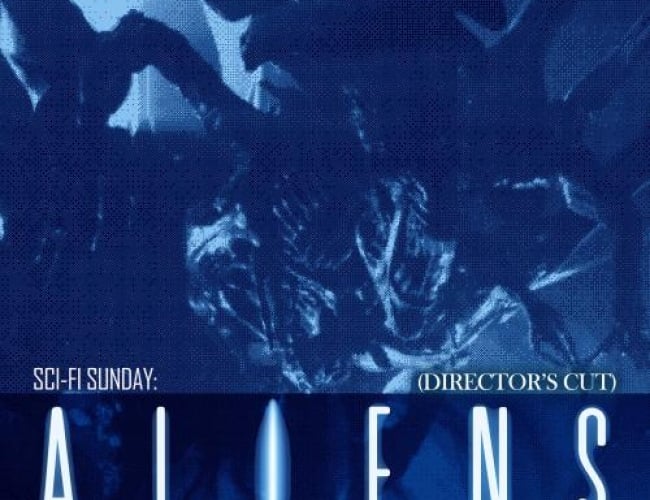 Image from the move Aliens, with the alien in blue monochrome lighting.