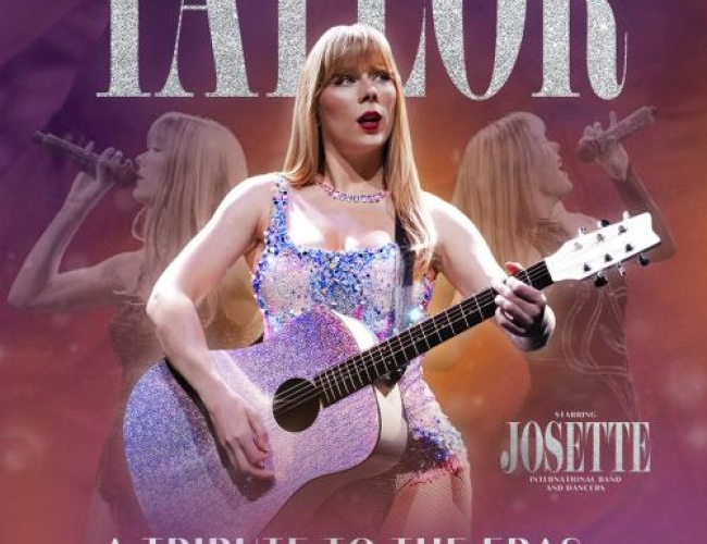 Image of Taylor Swift impersonator Josette, looking off in the distance and holding a guitar, dressed like one of Taylor Swift's iconic concert looks.