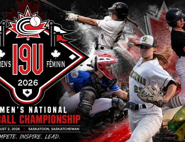 A promotional graphic for the 2026 Women’s 19U National Baseball Championship featuring the official logo, four female baseball players in action, and a Saskatchewan-themed background with the event dates and location: July 30–August 2, 2026, in Saskatoon at Cairns Field