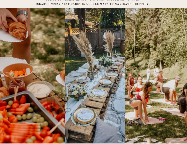 Beautiful table scape, individuals moving in the park , doing pilates and a grazing table. 