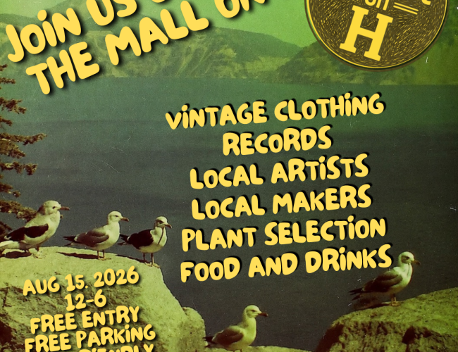 Promotional poster for Market on H, an outdoor community market held at the Mall on H parking lot on August 15 from 12–6 PM. The poster features a vintage-inspired green and yellow design with illustrations of a car and trees. It highlights vintage clothing, records, local artists, local makers, plants, food and drinks, plus free entry, free parking, and pet-friendly admission.