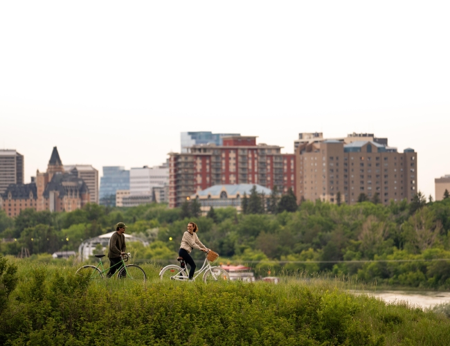 Scenic Skyline with Couple on Bikes