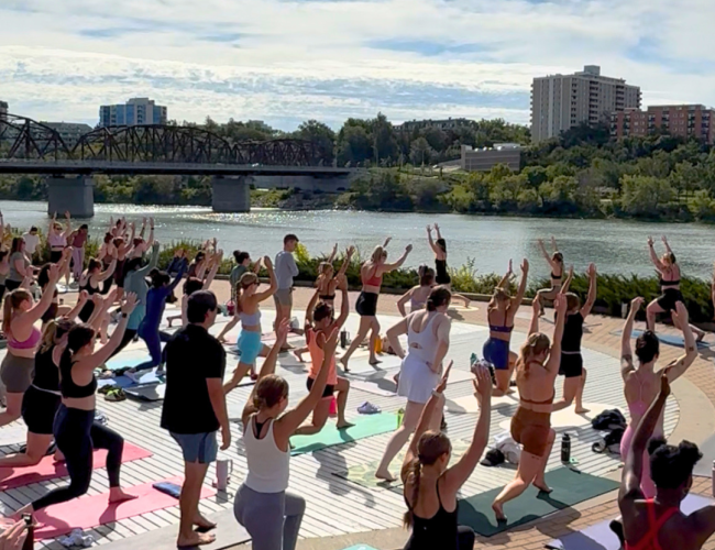 Outdoor Pilates class hosted by the river.