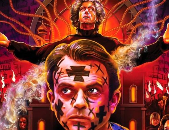 Graphic photo of Sam Neill and Jurgen Prochnow in the Mouth of Madness, in a religious manner but mixed with H.P. Lovecraft art style.