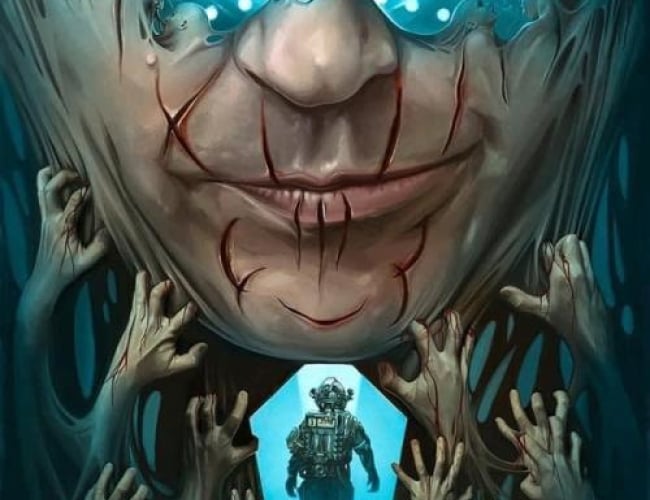 Artistic poster of the movie Event Horizon, with someone in a space suit, multiple hands grabbing at a scratched up face and someone strung up.