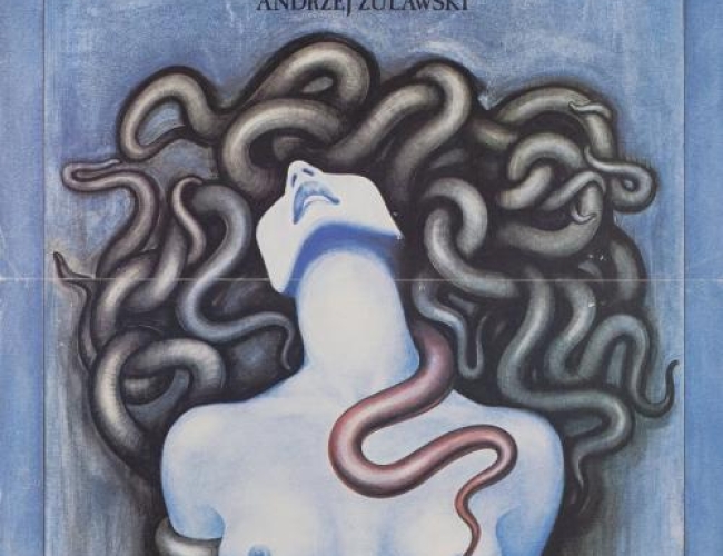 Artistic image of a naked woman with snakes all over her, hair made to look like snakes.