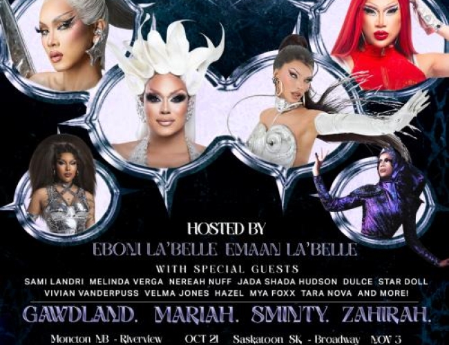 Images of multiple Drag Queens posing with text of upcoming shows and locations.