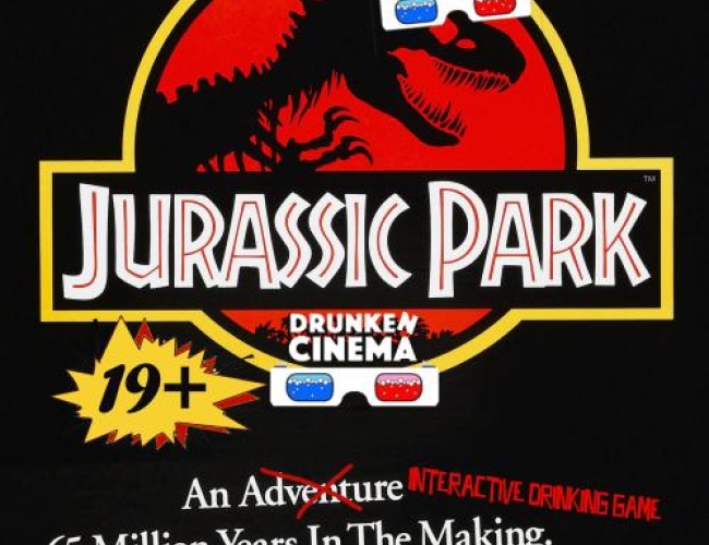 Image of the iconic Jurassic Park poster, a black outline of a T-Rex Skeleton with 3D Glasses on it.