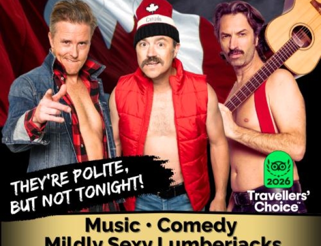 Image of three male comedians in 'canadian' garb: One in jean jacket and flannel, another in just a puffer vest and toque and last man only in red suspenders holding a guitar on his shoulder.