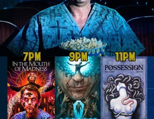 Image of Sam Neill in a theatre, a still from the movie in the Mouth of Madness, with the three movie posters of the tribute.