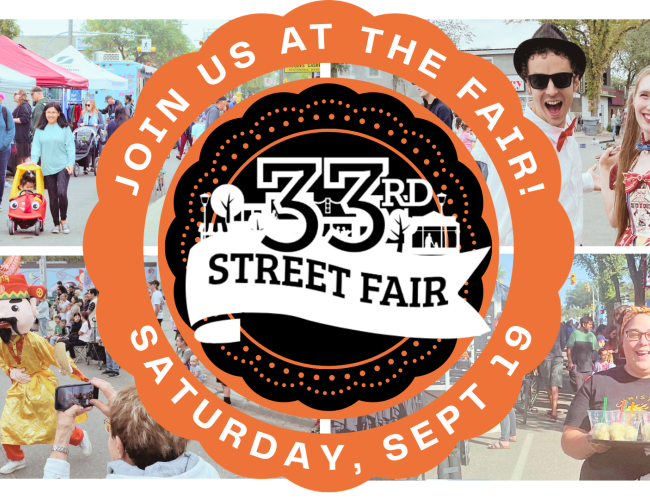 33rd Street Fair logo with 4 images of the fair, clockwise, 2 people smiling, person carrying food, person taking photo of dragon dance, people pushing strollers walking along a row of vendor tents