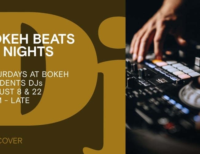 DJ Music night poster with dates of Aug 8 and 12. Timing is 8pm to late.
