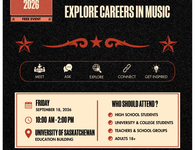 CCMA Country Music Week 2026 Inside the Industry: Explore Careers in Music Friday September 18, 2026 10:00AM-2:00PM University of Saskatchewan Education Building Who Should Attend? high School students University & college Students Teachers & School Groups Adults 18+ Register Now! Spots are Limited ccma.org/nextgeneration