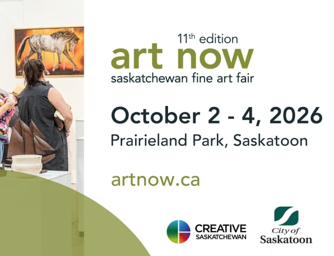Art Now Fine Art Fair logo with event dates October 2-4, 2026 at Prairieland Park in Saskatoon, SK.